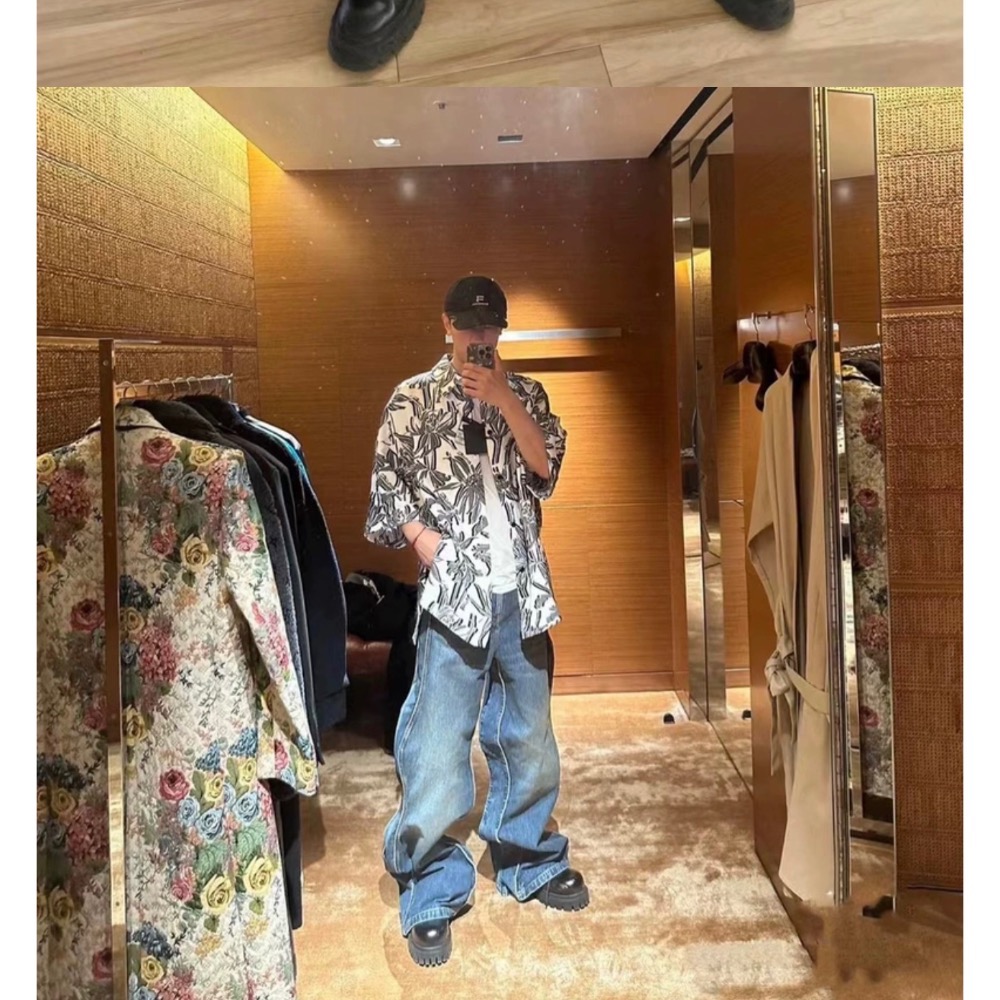 ￼『YEN’S嚴選』王嘉爾同款牛仔褲 男女同款 日韓潮流 扭曲波浪 寬鬆 高腰 直筒 牛仔褲-細節圖4