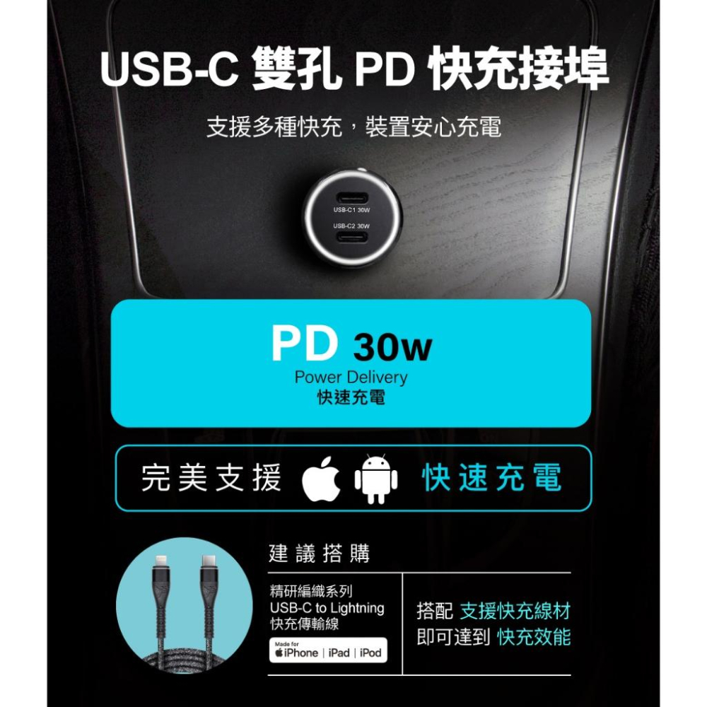 【peripower】60W 車充 組合 | 適用 iPhone 15 16、三星手機/雙 USB-C PD 車用快充-細節圖3