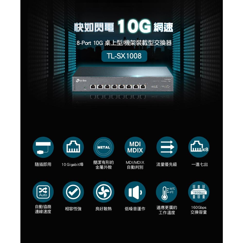 【現貨】含稅公司貨 TP-Link TL-SX1008 8埠RJ45 10GbE桌上型/機架型網路交換器 10G網路-細節圖2