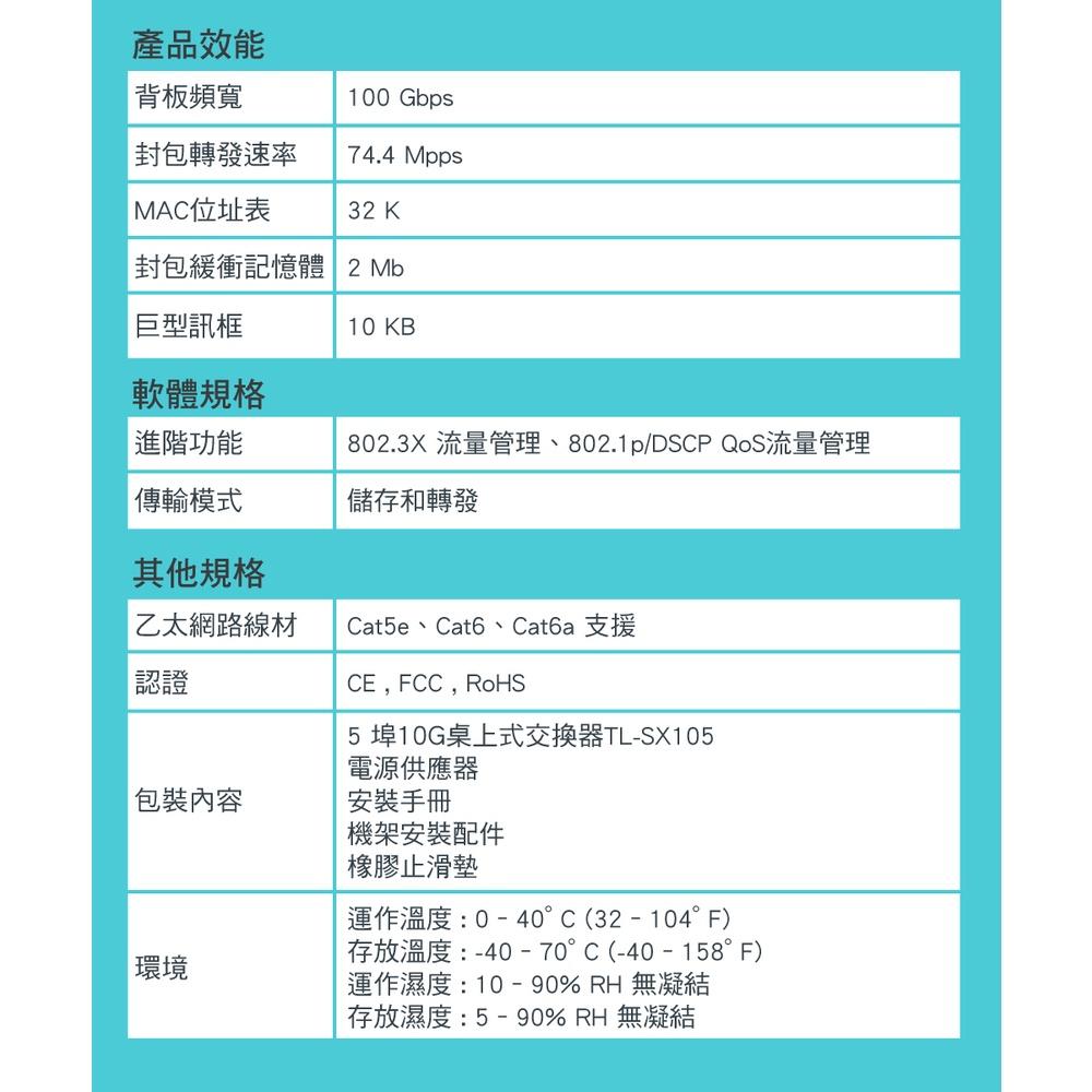【含稅公司貨】TP-Link TL-SX105 5埠RJ45 10GbE網路交換器 10G switch hub-細節圖9
