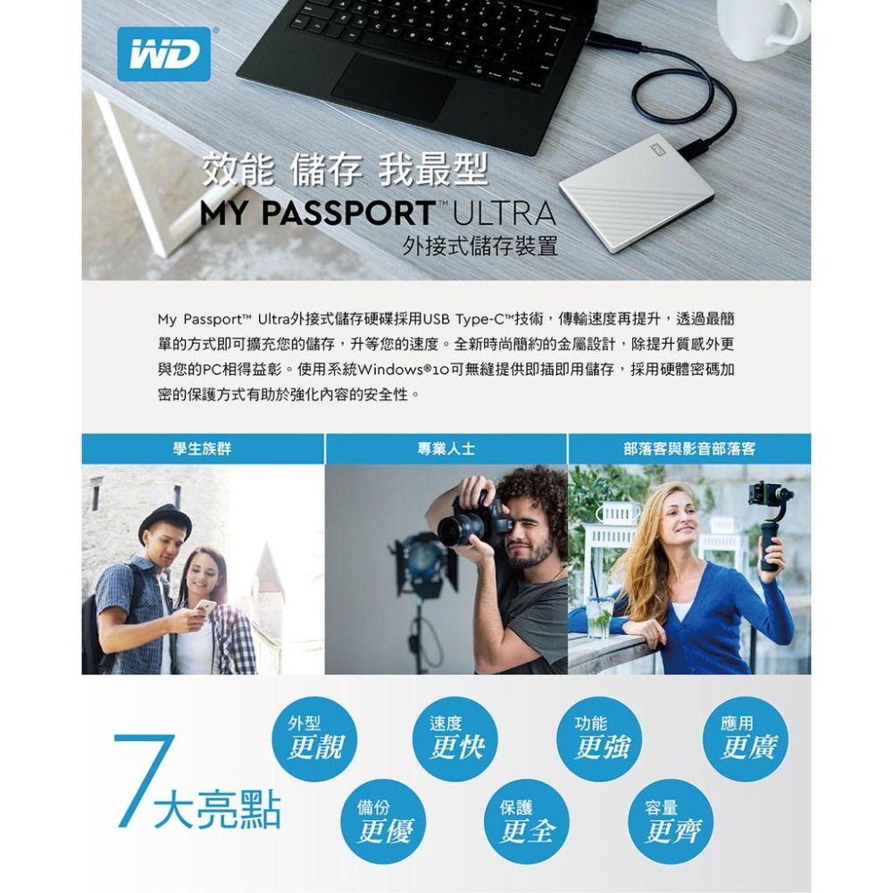 WD My Passport Ultra 5TB 4TB 2TB (藍/金/銀) 2.5吋USB-C外接行動硬碟 公司貨-細節圖3