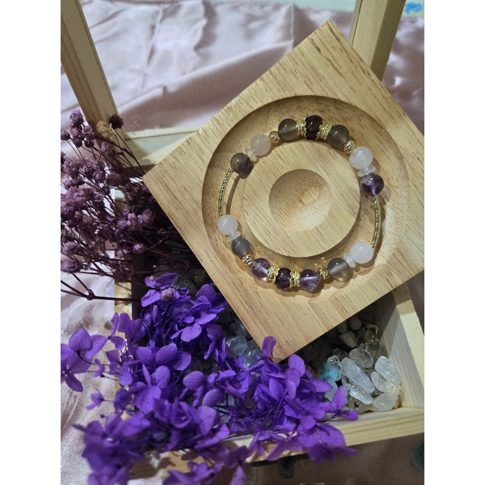 天然原石串珠手鍊|紫水晶 招來貴人與好人緣|紫幽靈 開啟智慧|灰瑪瑙 增強耐心|粉晶 增加桃花運-細節圖3