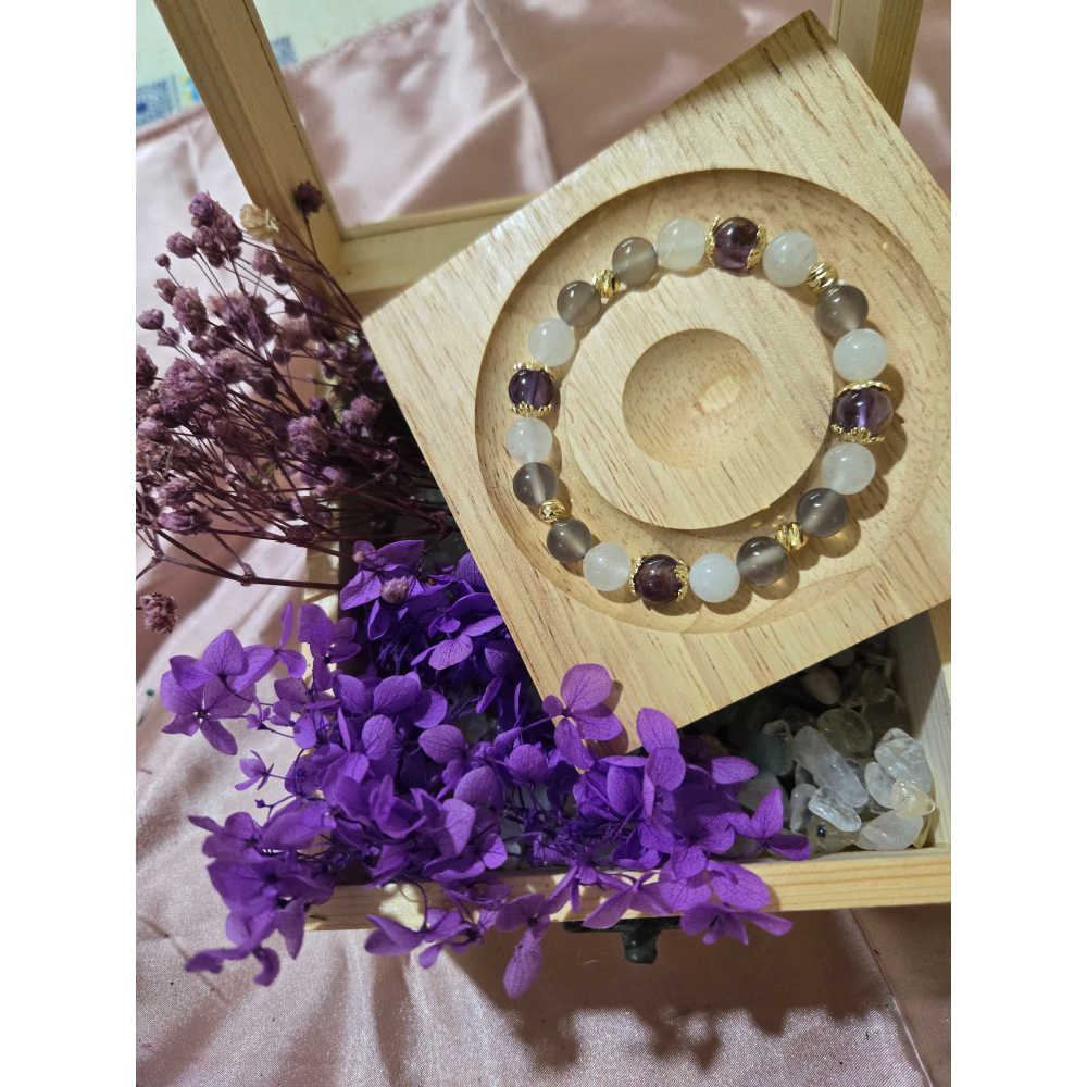 天然原石串珠手鍊|紫水晶 招來貴人與好人緣|紫幽靈 開啟智慧|灰瑪瑙 增強耐心|白玉 驅除負能量-細節圖2