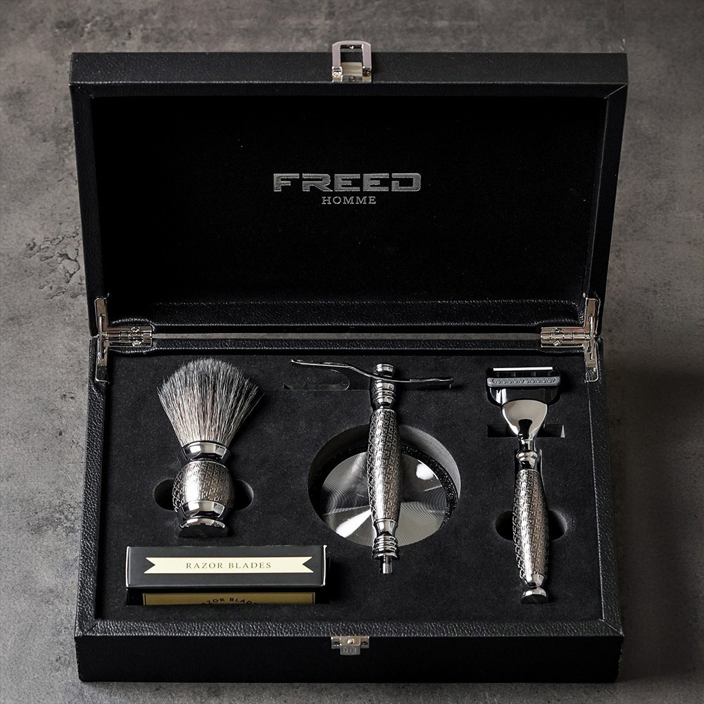 【FREED】五刀式刮鬍刀豪華禮盒四件組 - F滿版鍍鎳浮雕-規格圖9