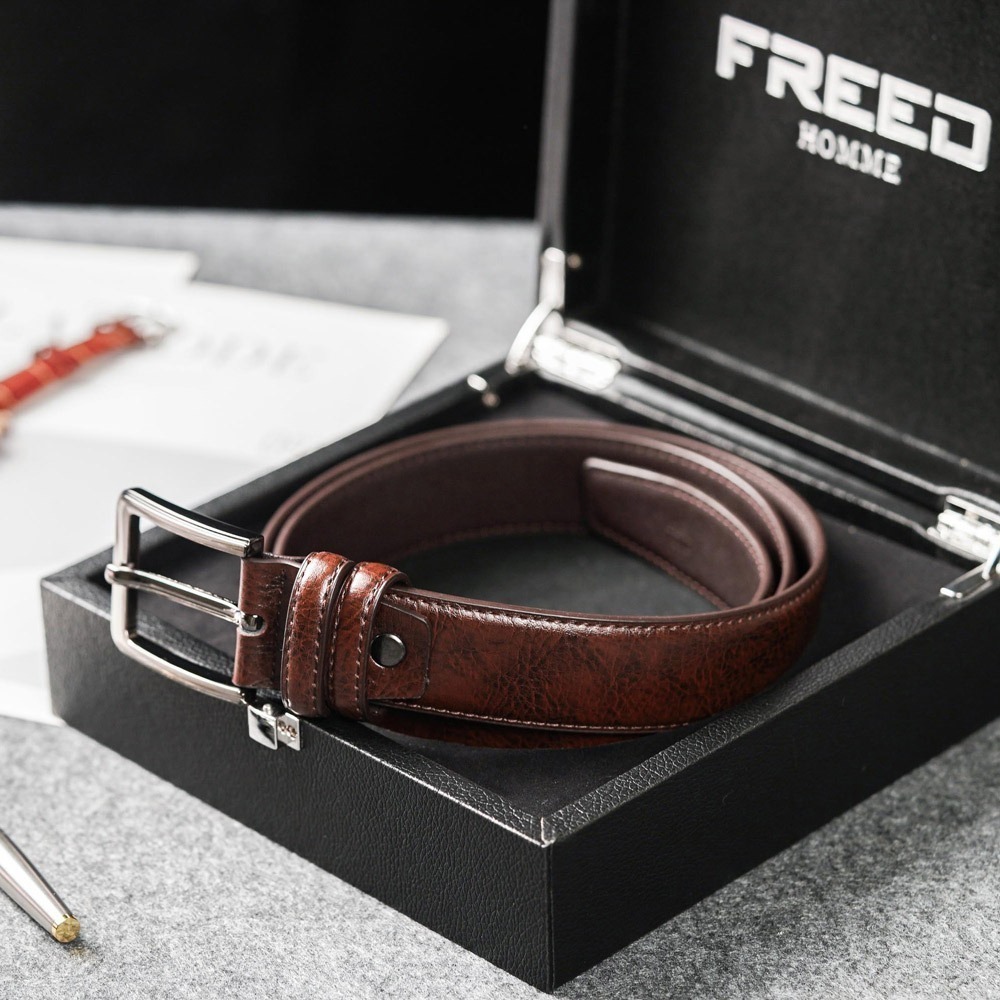 【FREED】時尚方形扣商務休閒頭層牛皮皮帶 - 咖啡色-細節圖2