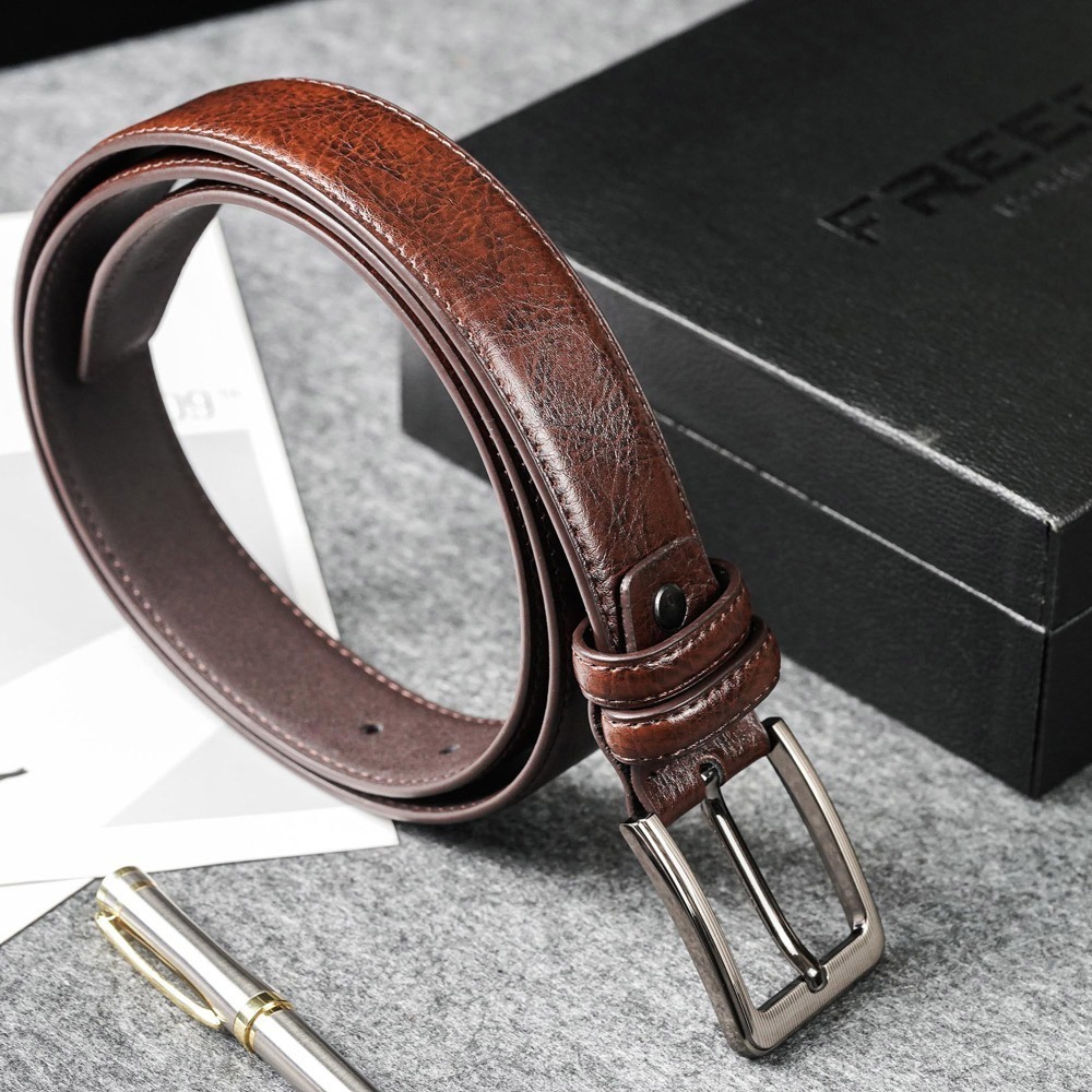 【FREED】時尚方形扣商務休閒頭層牛皮皮帶 - 咖啡色-細節圖8