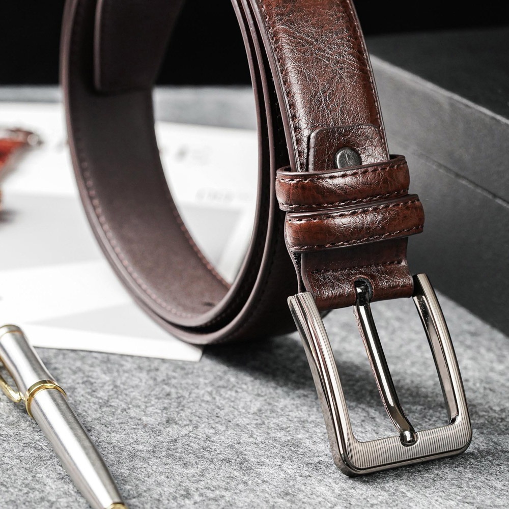 【FREED】時尚方形扣商務休閒頭層牛皮皮帶 - 咖啡色-細節圖9