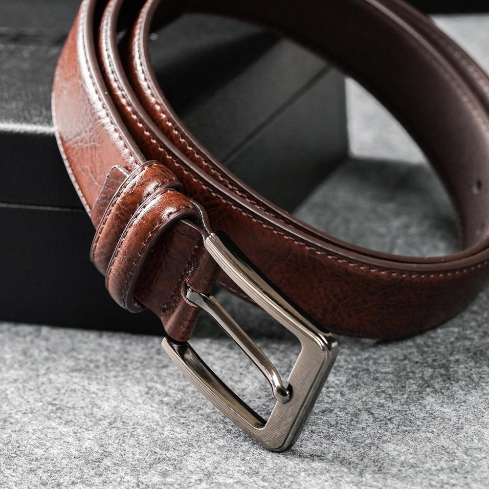 【FREED】時尚方形扣商務休閒頭層牛皮皮帶 - 咖啡色-細節圖10