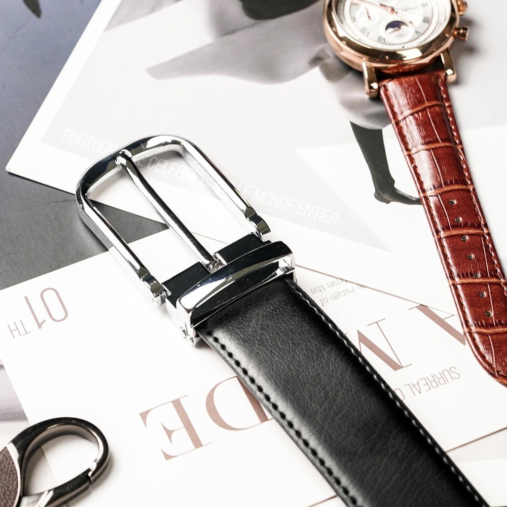 【FREED】時尚銀色馬蹄扣商務正式頭層牛皮皮帶-細節圖2