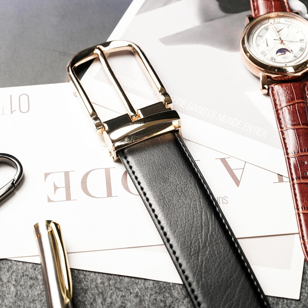 【FREED】時尚金色馬蹄扣商務正式頭層牛皮皮帶-細節圖3