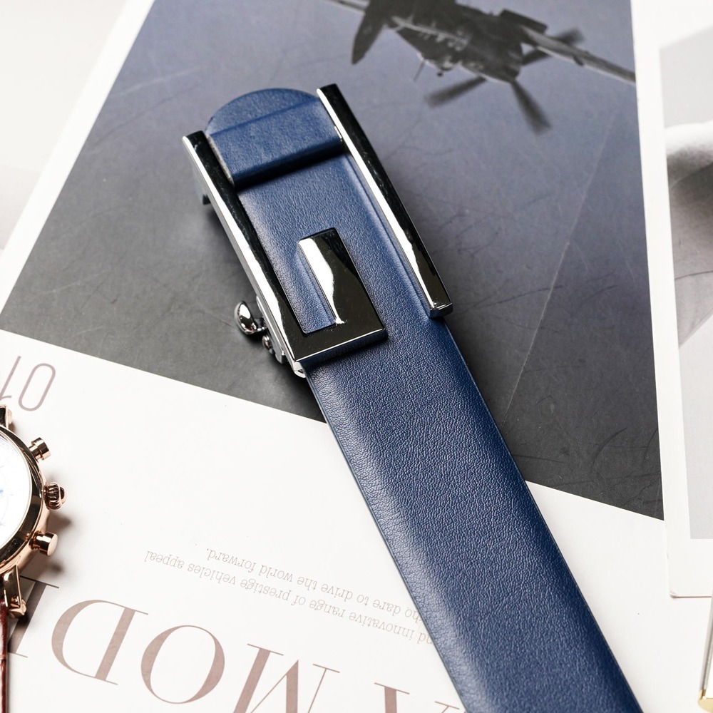 【FREED】時尚簡約字母G商務休閒頭層牛皮自動皮帶 - 藍色-細節圖3