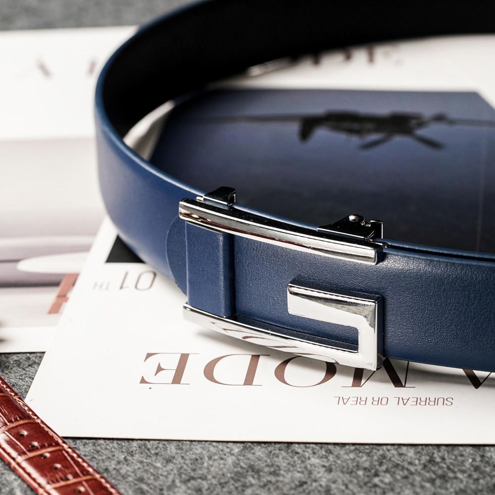 【FREED】時尚簡約字母G商務休閒頭層牛皮自動皮帶 - 藍色-細節圖6