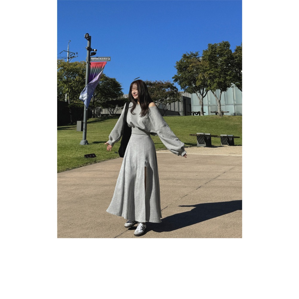 韓國🇰🇷秋季小眾個性露肩百搭高腰開叉設計套兩件套裝-細節圖2