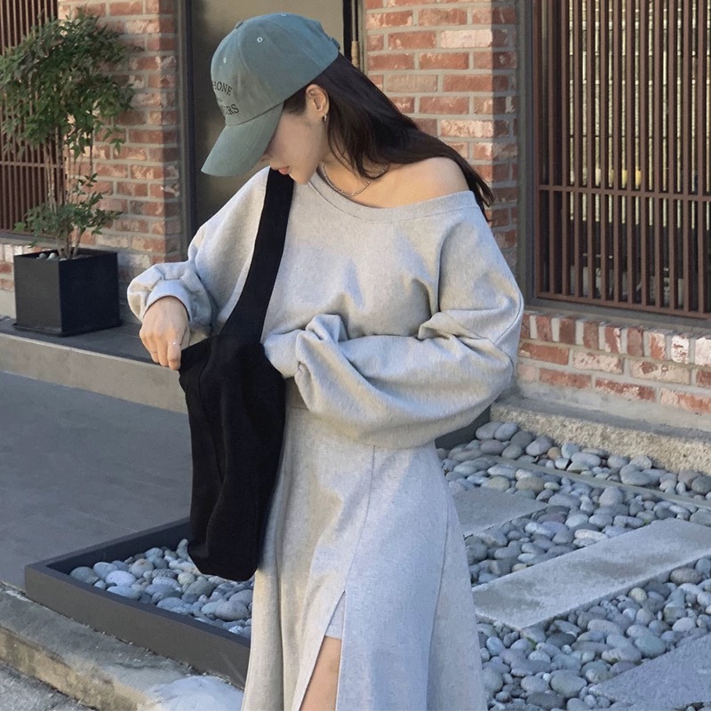 韓國🇰🇷秋季小眾個性露肩百搭高腰開叉設計套兩件套裝-細節圖4