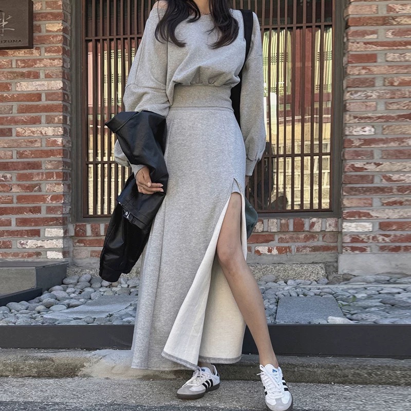 韓國🇰🇷秋季小眾個性露肩百搭高腰開叉設計套兩件套裝-細節圖5