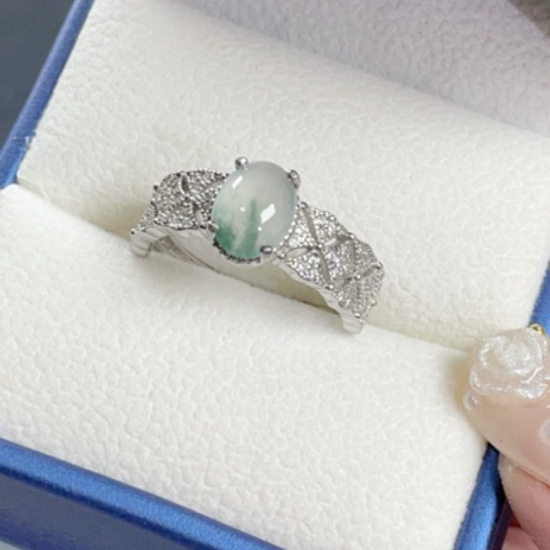 《Always9168輕奢珠寶》 天然緬甸A貨翡翠蛋面戒指冰陽綠設計款S925銀鑲嵌活動戒圍-細節圖2