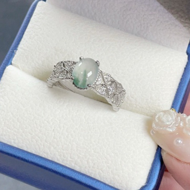 《Always9168輕奢珠寶》 天然緬甸A貨翡翠蛋面戒指冰陽綠設計款S925銀鑲嵌活動戒圍-細節圖5