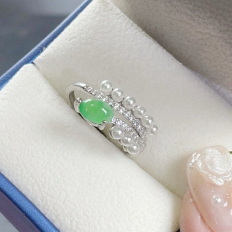 《Always9168輕奢珠寶》 天然緬甸A貨翡翠蛋面戒指冰陽綠設計款S925銀鑲嵌活動戒圍-細節圖2