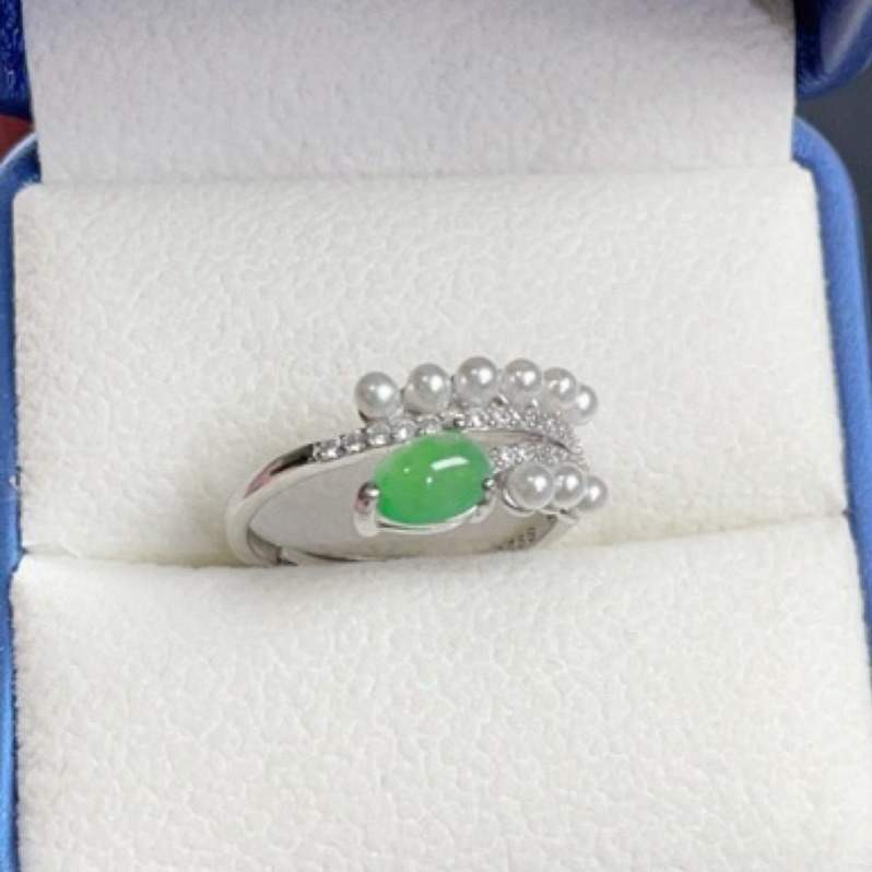 《Always9168輕奢珠寶》 天然緬甸A貨翡翠蛋面戒指冰陽綠設計款S925銀鑲嵌活動戒圍-細節圖4
