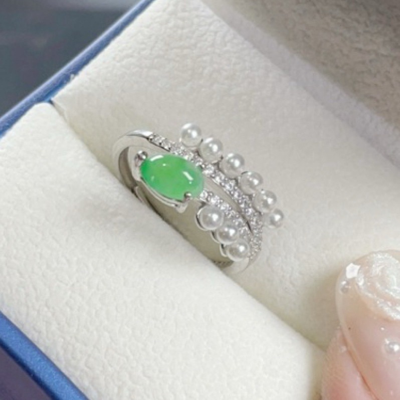《Always9168輕奢珠寶》 天然緬甸A貨翡翠蛋面戒指冰陽綠設計款S925銀鑲嵌活動戒圍-細節圖5