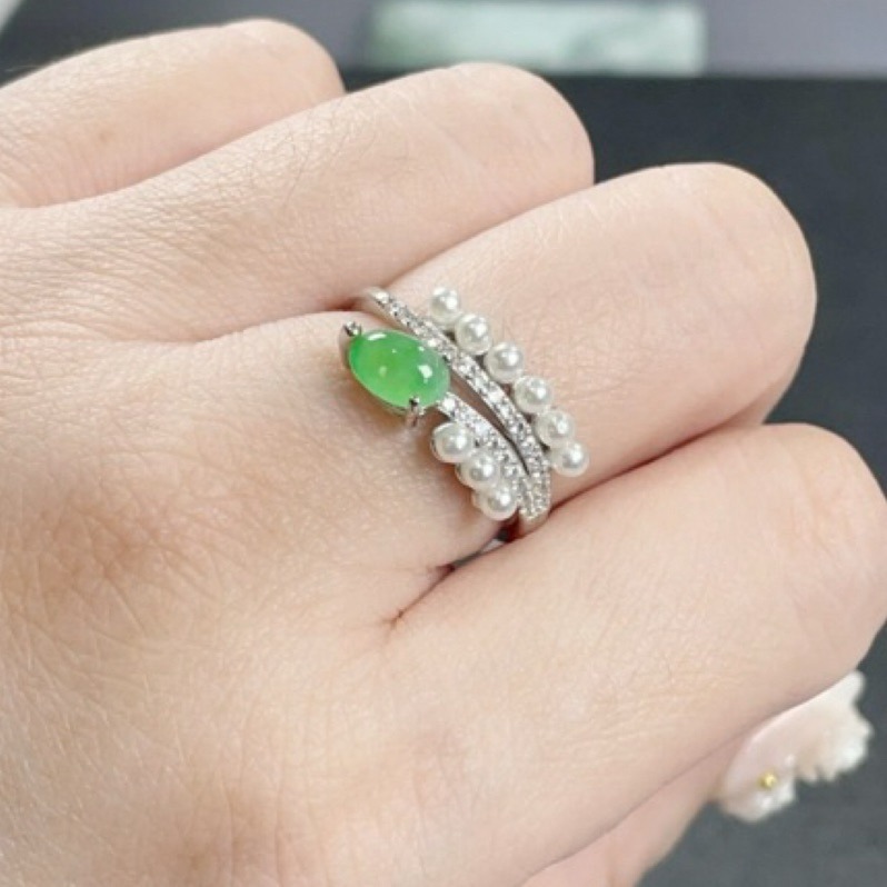 《Always9168輕奢珠寶》 天然緬甸A貨翡翠蛋面戒指冰陽綠設計款S925銀鑲嵌活動戒圍-細節圖9