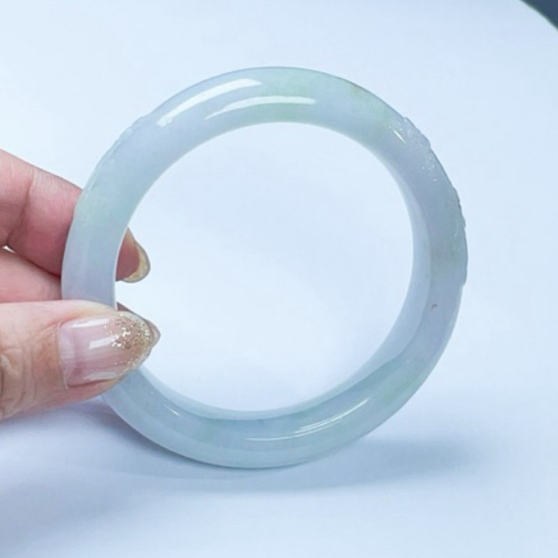 《Always9168輕奢珠寶》A36天然緬甸A貨翡翠手鐲冰紫底膠條果綠漸層正圈55圈口台證平安鐲-細節圖6