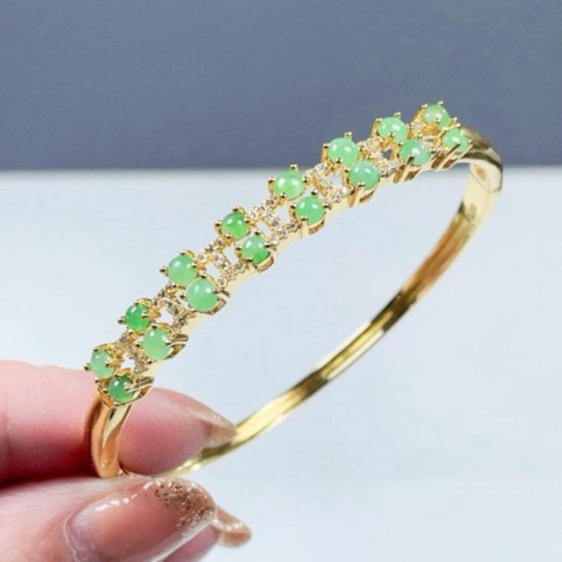 《Always9168輕奢珠寶》M01天然緬甸A貨翡翠多蛋面銀手鐲果陽綠貴妃57+S925銀鍍金送台證-細節圖2