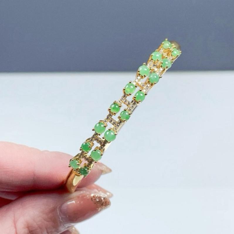 《Always9168輕奢珠寶》M01天然緬甸A貨翡翠多蛋面銀手鐲果陽綠貴妃57+S925銀鍍金送台證-細節圖3