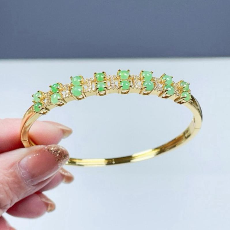 《Always9168輕奢珠寶》M01天然緬甸A貨翡翠多蛋面銀手鐲果陽綠貴妃57+S925銀鍍金送台證-細節圖4