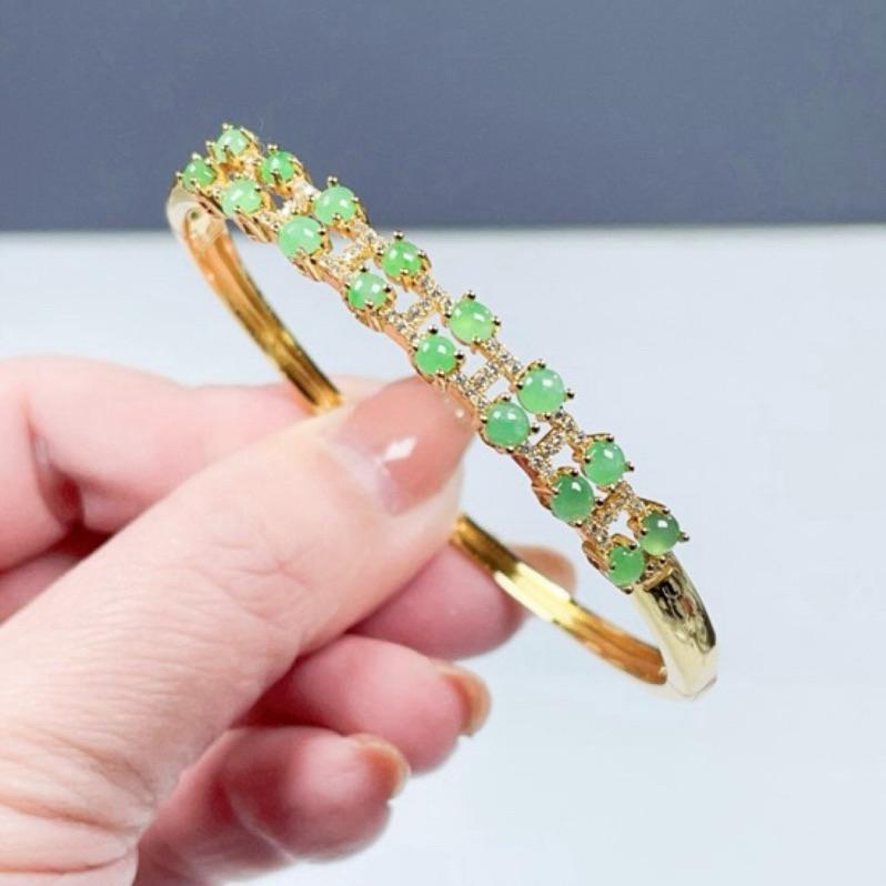 《Always9168輕奢珠寶》M01天然緬甸A貨翡翠多蛋面銀手鐲果陽綠貴妃57+S925銀鍍金送台證-細節圖5