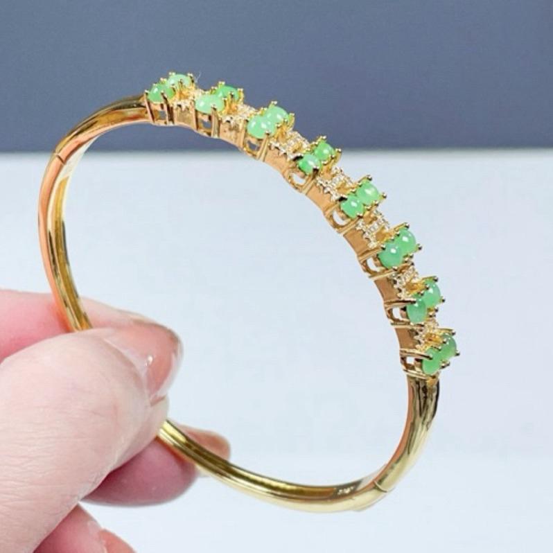 《Always9168輕奢珠寶》M01天然緬甸A貨翡翠多蛋面銀手鐲果陽綠貴妃57+S925銀鍍金送台證-細節圖6