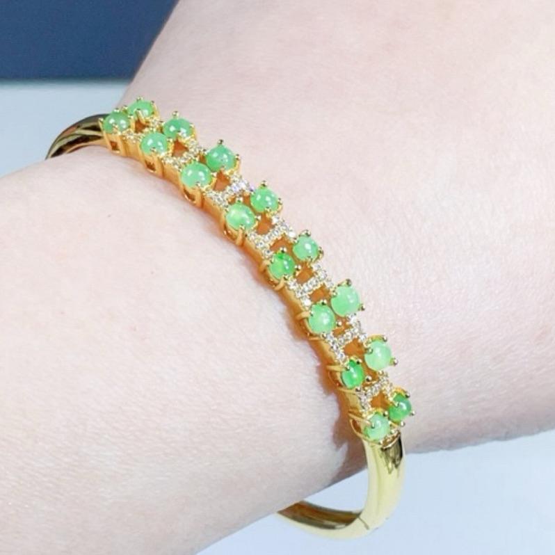 《Always9168輕奢珠寶》M01天然緬甸A貨翡翠多蛋面銀手鐲果陽綠貴妃57+S925銀鍍金送台證-細節圖7