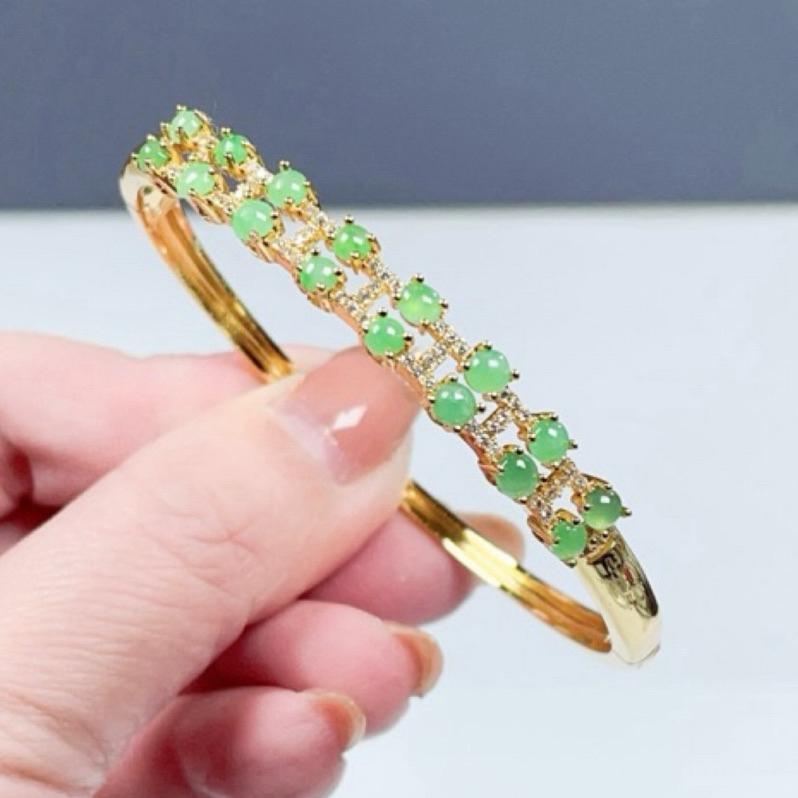 《Always9168輕奢珠寶》M01天然緬甸A貨翡翠多蛋面銀手鐲果陽綠貴妃57+S925銀鍍金送台證-細節圖8