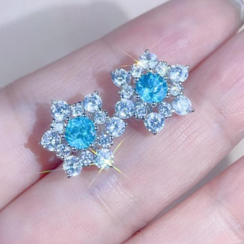 《Always9168輕奢珠寶》J46天然彩色寶石 藍磷灰石耳釘 帕拉伊巴平替寶石 S925銀鑲 火彩爆閃-細節圖4