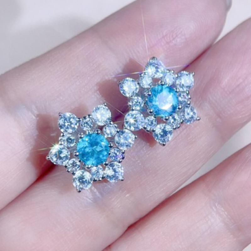 《Always9168輕奢珠寶》J46天然彩色寶石 藍磷灰石耳釘 帕拉伊巴平替寶石 S925銀鑲 火彩爆閃-細節圖5