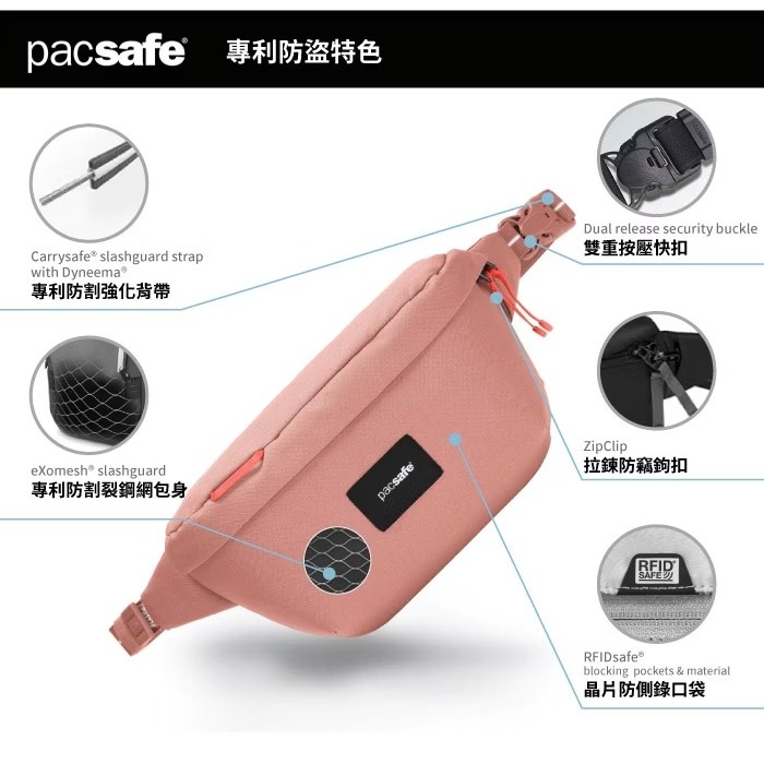 【Pacsafe】送》輕便 防盜腰包 2.5L GO RFID手機護照包 斜背包 防搶防偷皮包 胸包 35100340-細節圖4