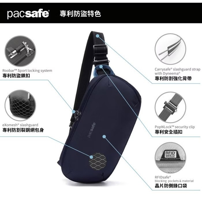 【Pacsafe】送》防盜斜肩背包 5L V RFID 胸包 防偷防搶護照包 隨身平板包 側背包 腰包 30615658-細節圖3