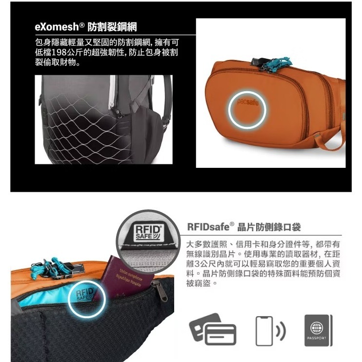 【Pacsafe】送》防盜腰包 3.5L RFID護照包 胸包 單肩包 斜側背包 防偷防搶錢包 皮包 41104231-細節圖6