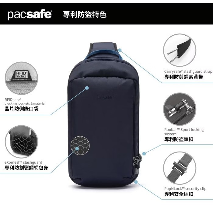 【澳洲 Pacsafe】送》防盜斜背包 10L V Tech 10吋平板 胸包 側背包 防搶防偷護照包 60221658-細節圖3
