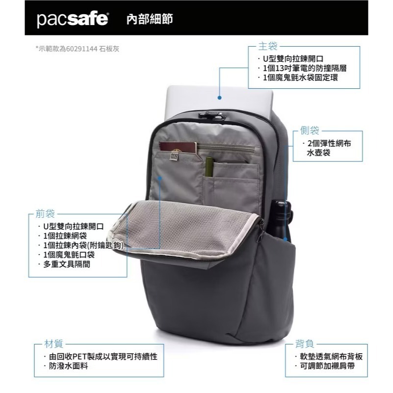 【Pacsafe】送》防盜休閒背包 Vibe 20L 13吋筆電 防搶防偷 電腦背包 書包 登山背包 60291144-細節圖8