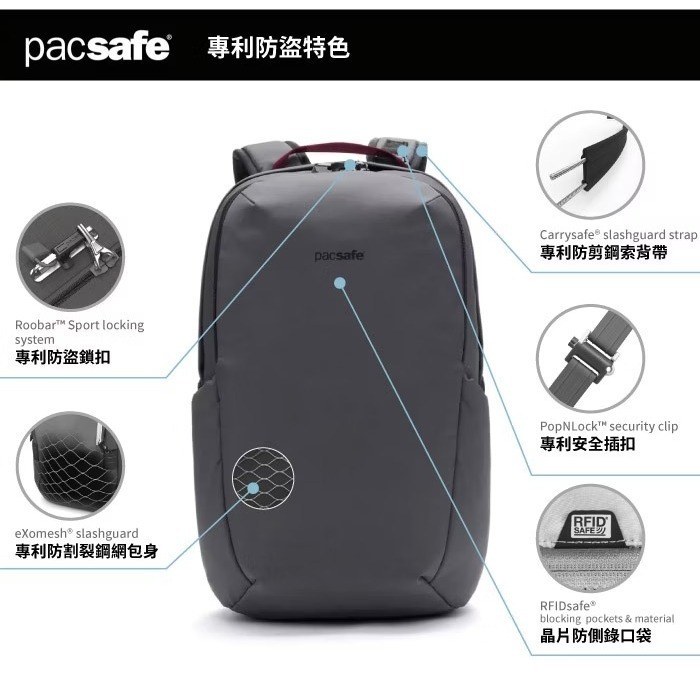 【澳洲 Pacsafe】送》防盜休閒背包 24L V 13吋筆電 RFID防搶防盜 書包 登山背包 60301144-細節圖3