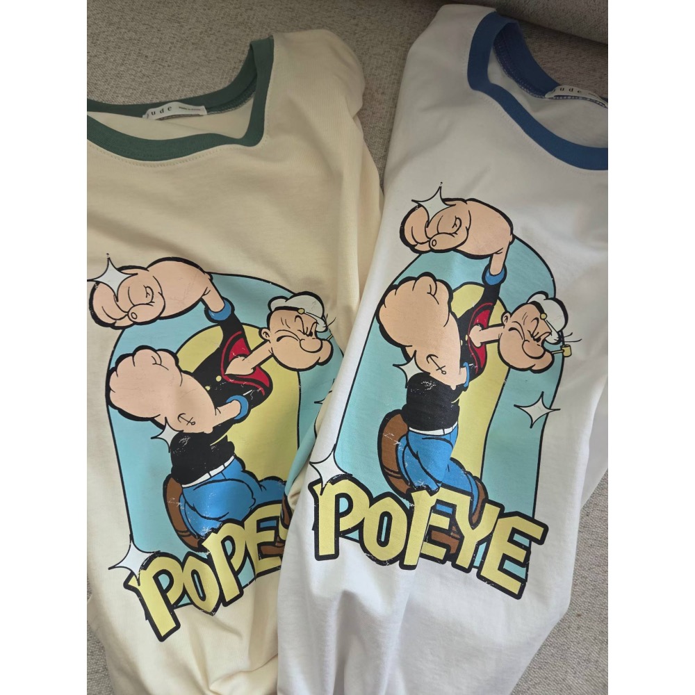 【限時優惠】Popeye 大力水手美式復古滾邊短袖 T 恤 (奶油黃/簡約白)-細節圖2
