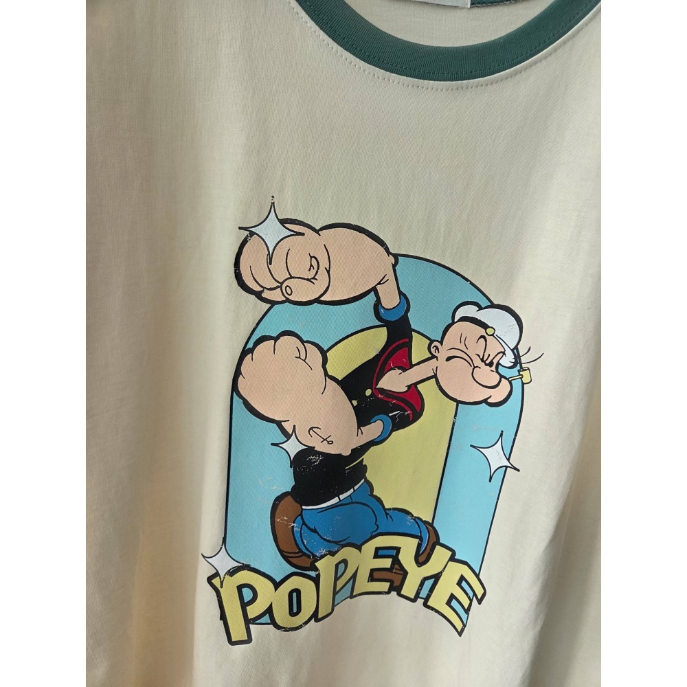 【限時優惠】Popeye 大力水手美式復古滾邊短袖 T 恤 (奶油黃/簡約白)-細節圖4