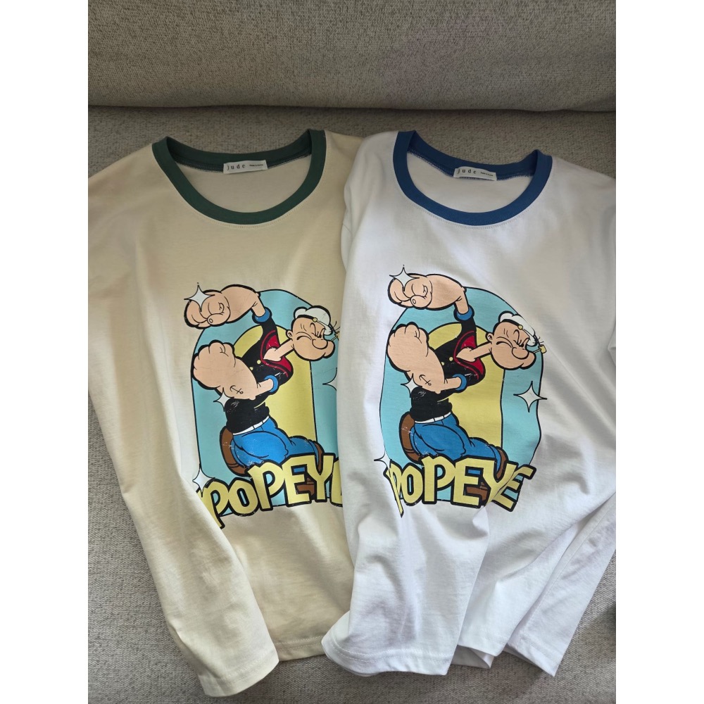 【限時優惠】Popeye 大力水手美式復古滾邊短袖 T 恤 (奶油黃/簡約白)-細節圖5