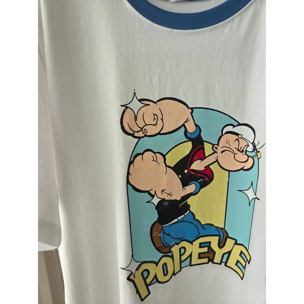 【限時優惠】Popeye 大力水手美式復古滾邊短袖 T 恤 (奶油黃/簡約白)-細節圖6
