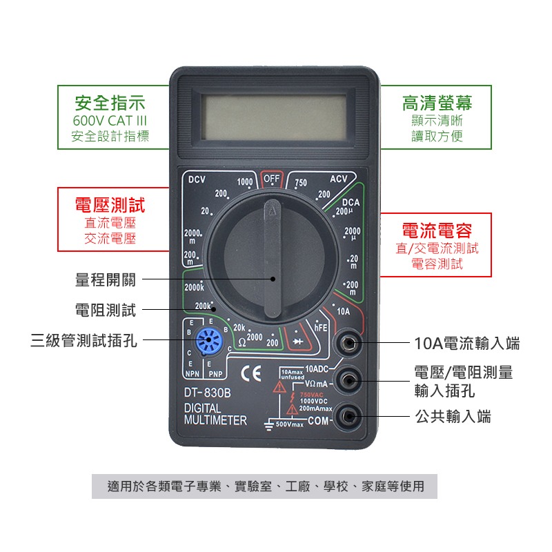 迷你三用電表 數位顯示 電壓表 電流表 電表 萬用電表 電子式 三用電表 DT-830B-細節圖5