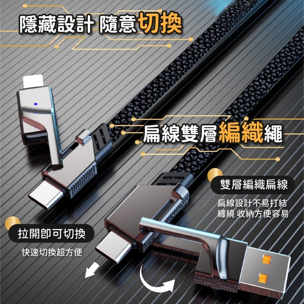 機甲風 四合一快充線 100W PD快充線 充電線 Type-C 2拖2 USB傳輸線 適用安卓-細節圖4