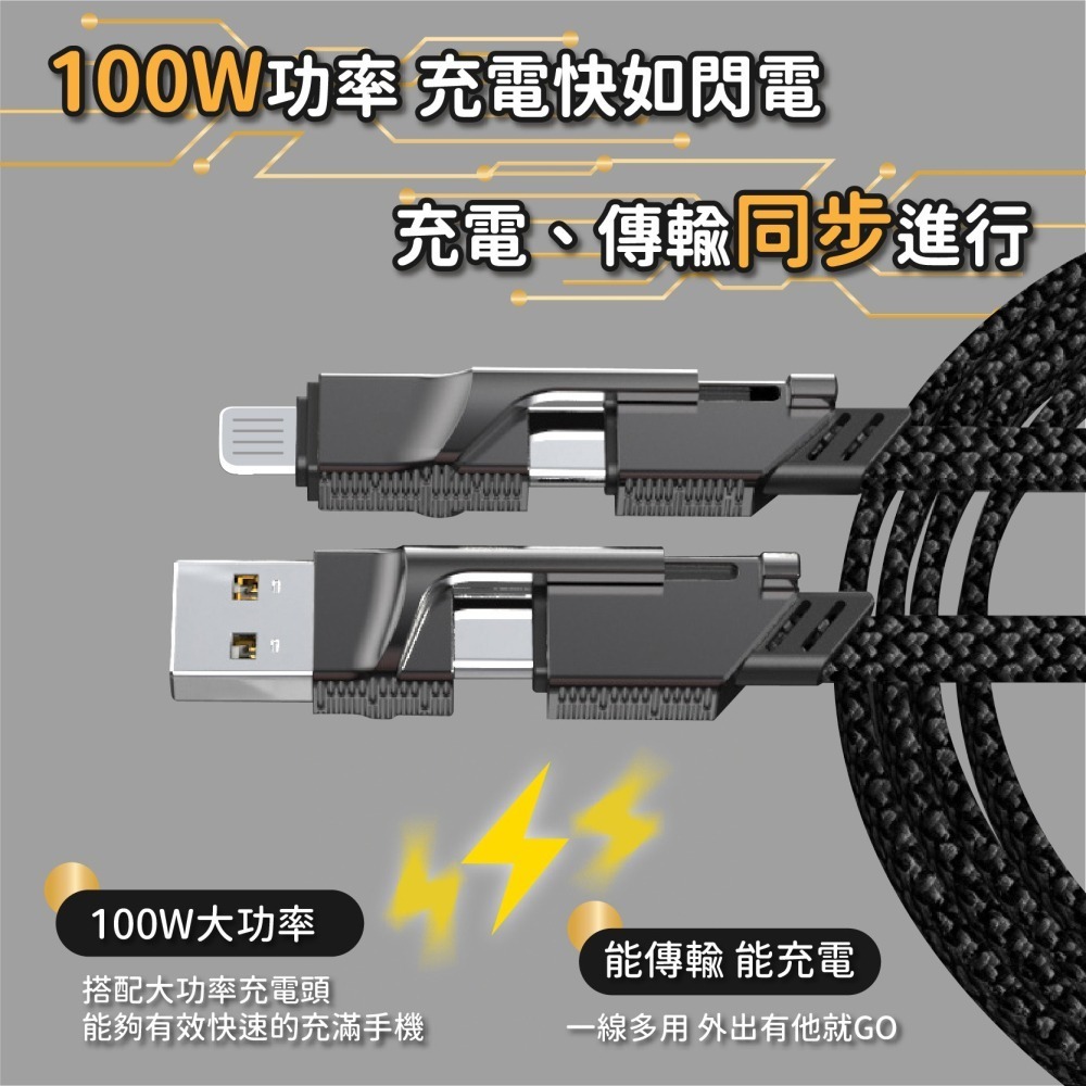 機甲風 四合一快充線 100W PD快充線 充電線 Type-C 2拖2 USB傳輸線 適用安卓-細節圖5