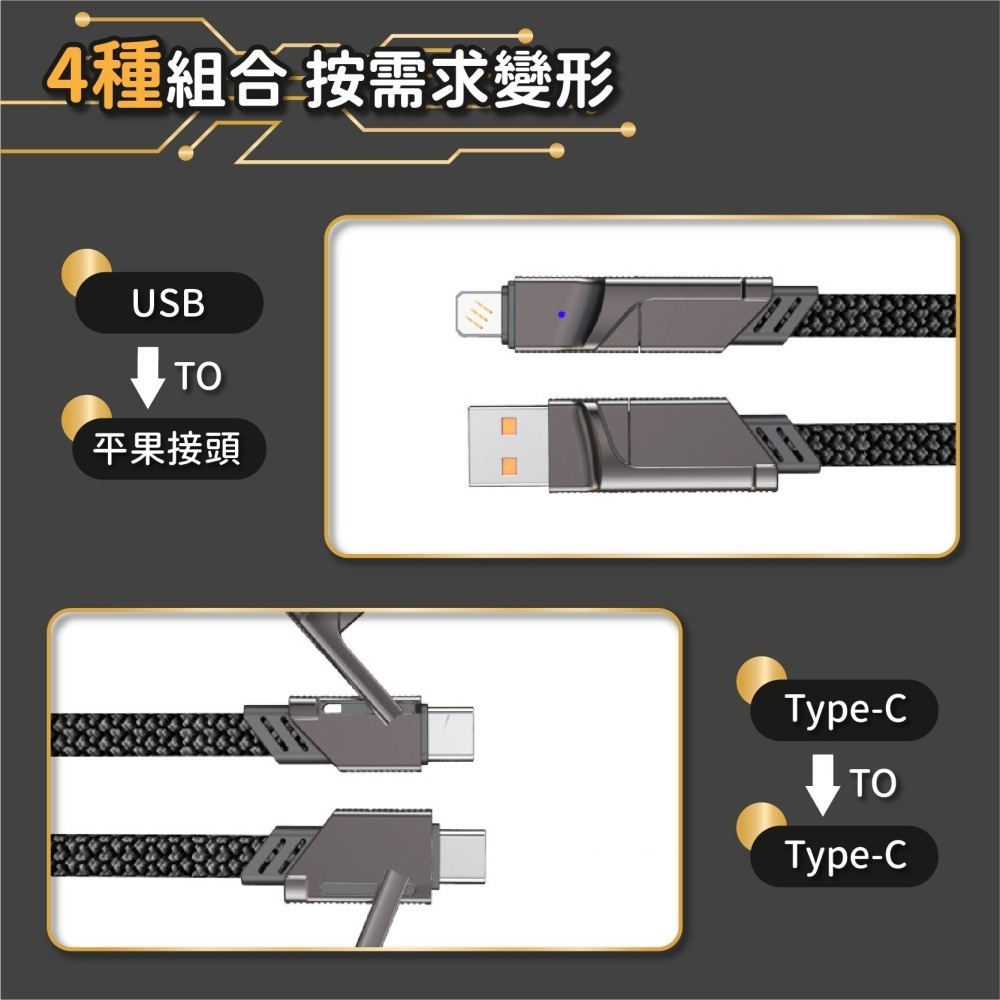 機甲風 四合一快充線 100W PD快充線 充電線 Type-C 2拖2 USB傳輸線 適用安卓-細節圖6