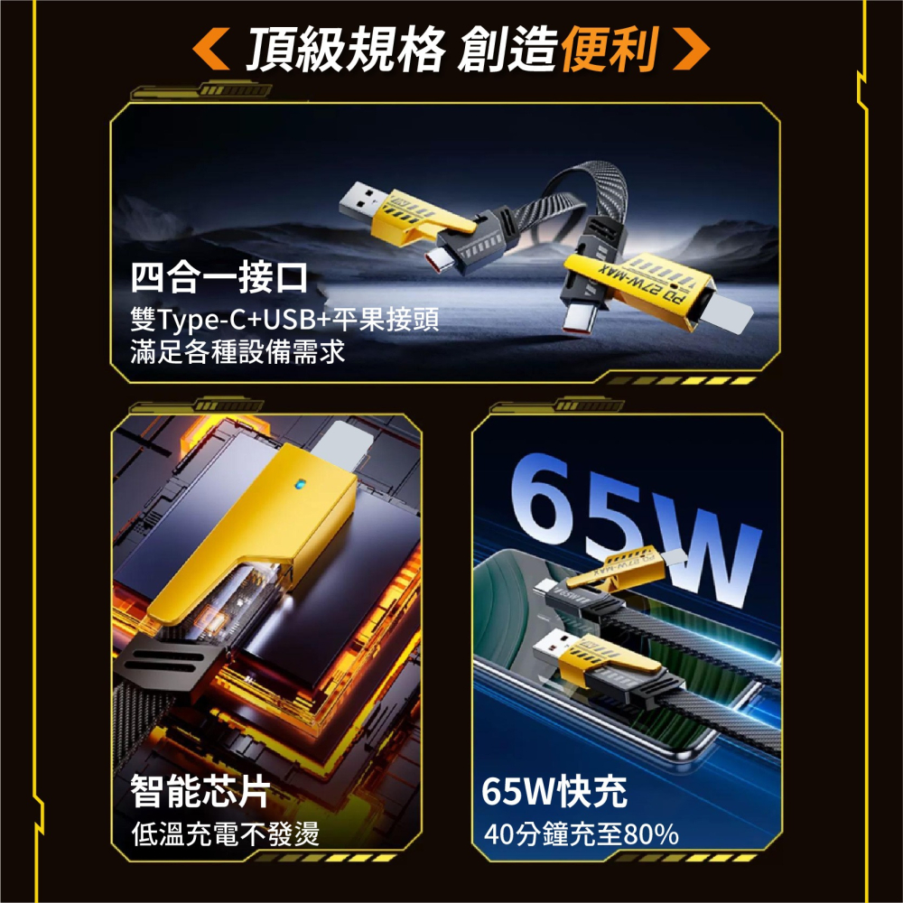 四合一充電線 加固線材 適用平果 三星 安卓 65W PD快充線 Type-C 數據線-細節圖3